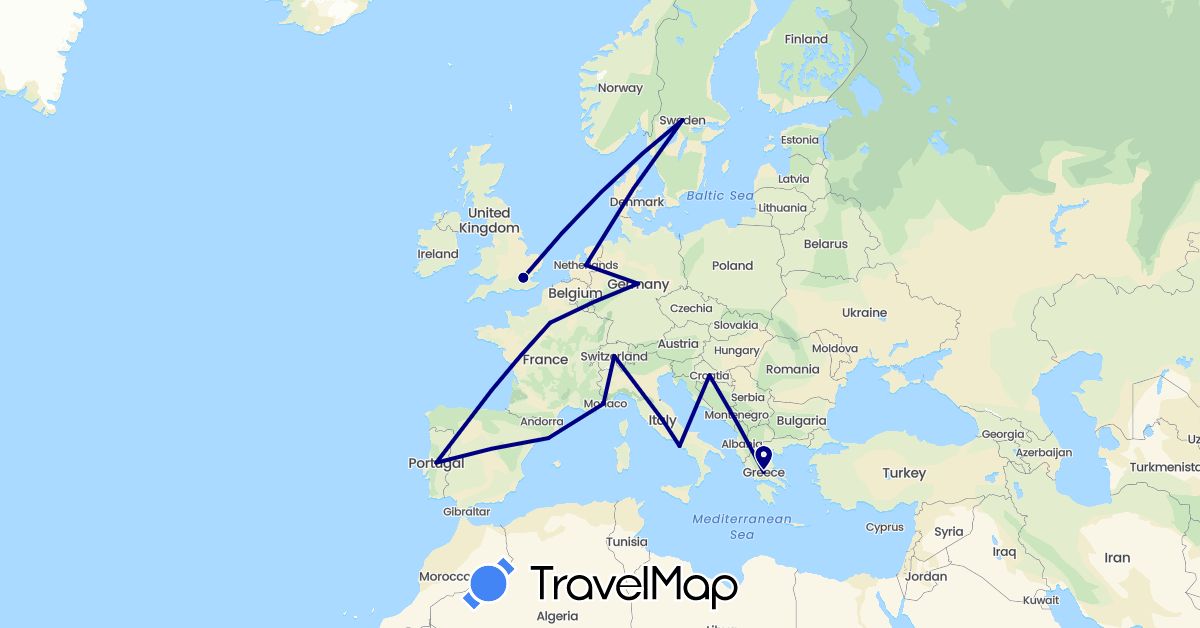 TravelMap itinerary: driving in Switzerland, Germany, Spain, France, United Kingdom, Greece, Croatia, Italy, Netherlands, Portugal, Sweden (Europe)